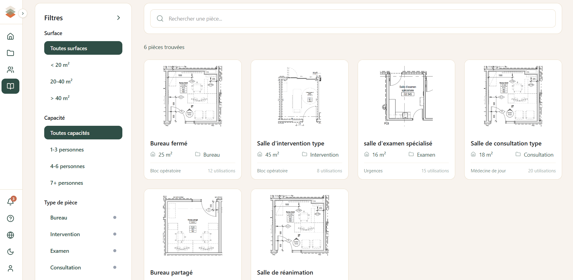 La bibliothèque RoomStack de la firme, consultable dans tous les projets et toutes les fiches de local.