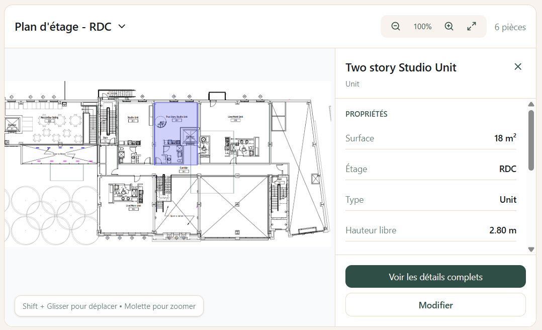 L'extension RoomStack ouverte dans Autodesk Revit, prête à synchroniser les données de pièces.